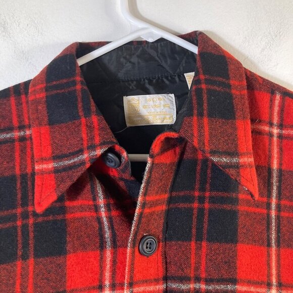 Mens Vintage Sears Kings Road Plaid Wool Button Shirt Red Black L 16 - 16.5" Woo - Picture 4 of 6